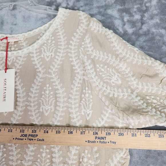Solitaire Top Womens XL Beige Embroidered Scallop Short Sleeve Boho Western NEW - Picture 9 of 10